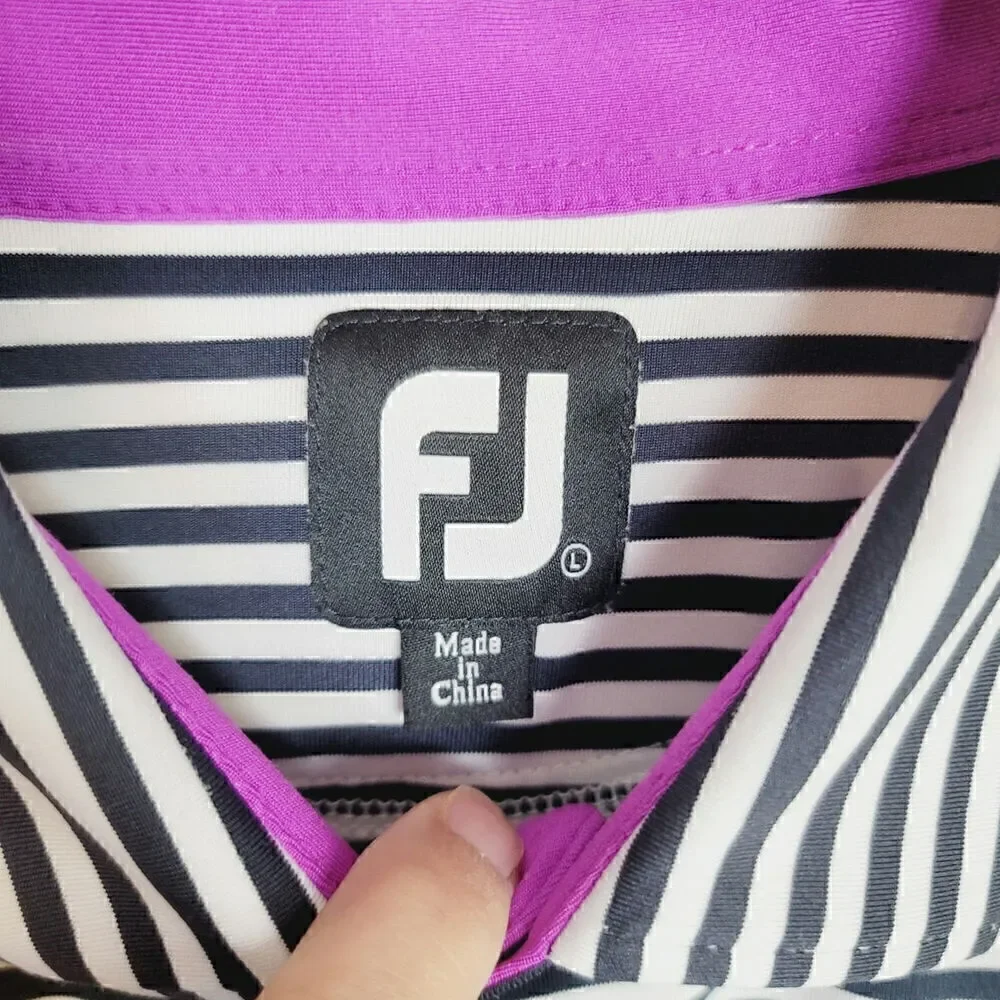 FOOTJOY STRIPED BLOCKED SHORT SLEEVE POLO IN WHITE, BLACK & PURPLE, SZ LARGE